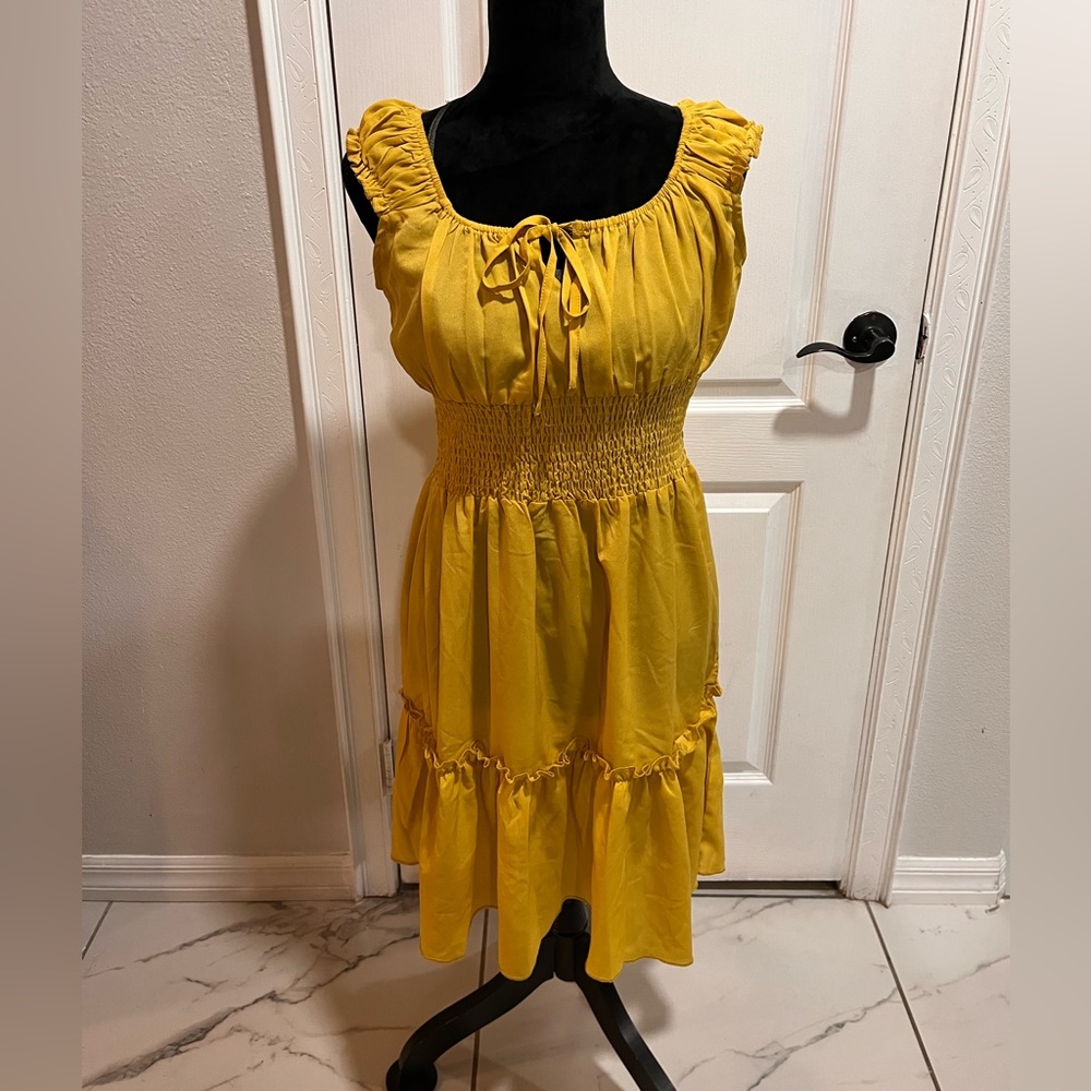 Misguided Mustard Shirred Waist Cami Dress